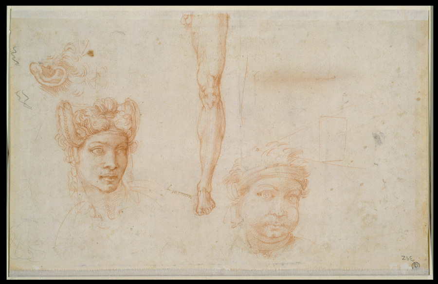 Ear and Two Eyes, Woman’s Head with Plaited Hair, Leg Study, Head with Bandage, Scheme of the Pyrami od Michelangelo (Buonarroti)