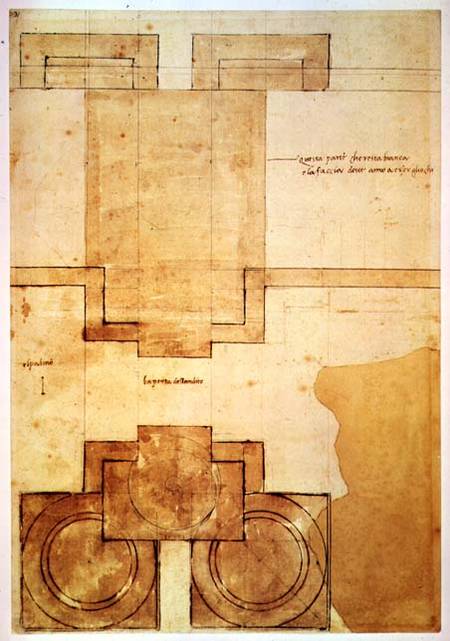 Plan of the drum of the cupola of the Church of St. Peter's Basilica (pen & ink on paper) od Michelangelo (Buonarroti)