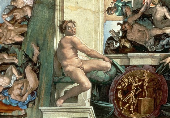 Sistine Chapel Ceiling (1508-12) detail of one of the ignudi (detail of 167695) od Michelangelo (Buonarroti)
