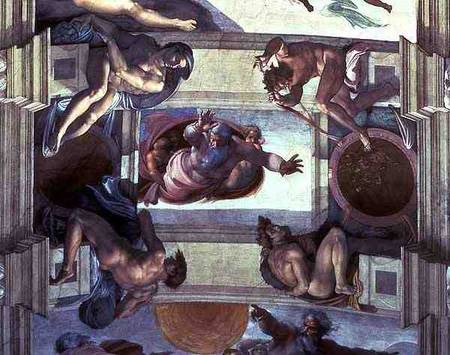 Sistine Chapel Ceiling: God Separating the Land from the Sea, with four Ignudi od Michelangelo (Buonarroti)