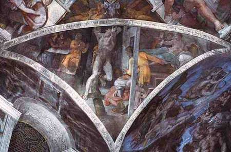 Sistine Chapel Ceiling: Haman (spandrel) (pre restoration) od Michelangelo (Buonarroti)