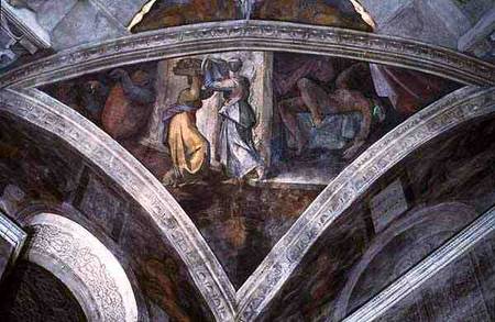 Sistine Chapel Ceiling: Judith Carrying the Head of Holofernes (spandrel) (pre restoration) od Michelangelo (Buonarroti)