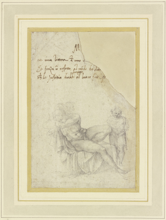 Sitzender männlicher Akt, schlafend, mit einem stehenden Kind oder Putto od Michelangelo (Buonarroti)