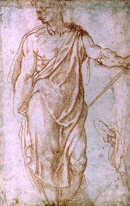 Sketch of a man holding a staff and a study of a hand od Michelangelo (Buonarroti)