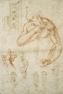 Study of the Assisting Figure of the Libyan Sibyl, c.1512 (red chalk & pen on paper) od Michelangelo (Buonarroti)