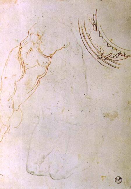 Study of a prone figure with crossed legs and a design for a lunette showing a figure mounting a sta od Michelangelo (Buonarroti)