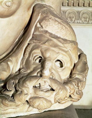 The Tomb of Giuliano de' Medici (1478-1516) detail of the tragic mask under the arm of Night, 1520-3 od Michelangelo (Buonarroti)