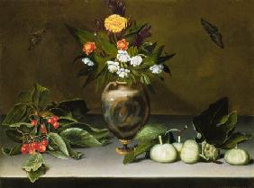 Vase with flowers, cherries, figs and two butterflies