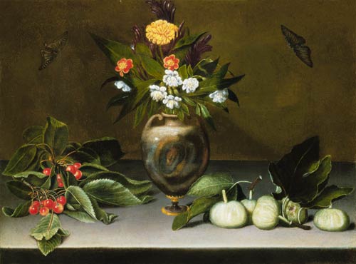 Vase with flowers, cherries, figs and two butterflies od Michelangelo Caravaggio