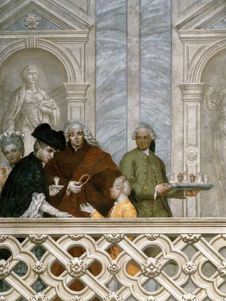 Group of five people including a waiter with a plate od Michelangelo Morlaiter
