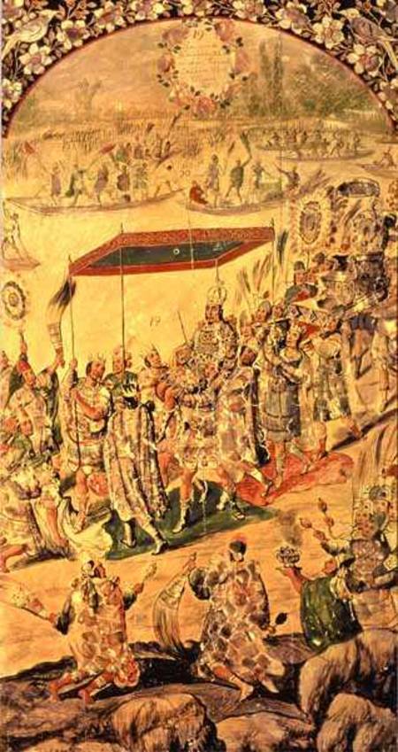 One of a pair of panels depicting the encounter between Hernando Cortes (1485-1547) and Montezuma (1 od Miguel and Juan Gonzalez