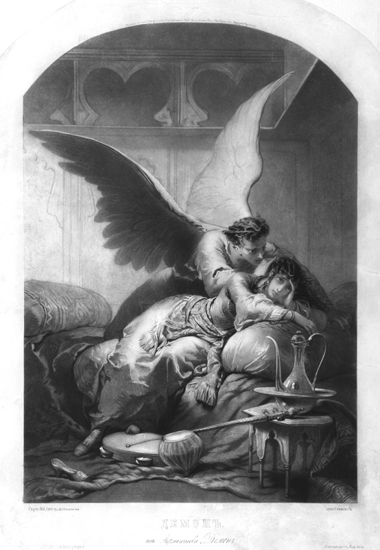 Tamara and Demon. Illustration to the poem "The Demon" by Mikhail Lermontov od Mihaly von Zichy