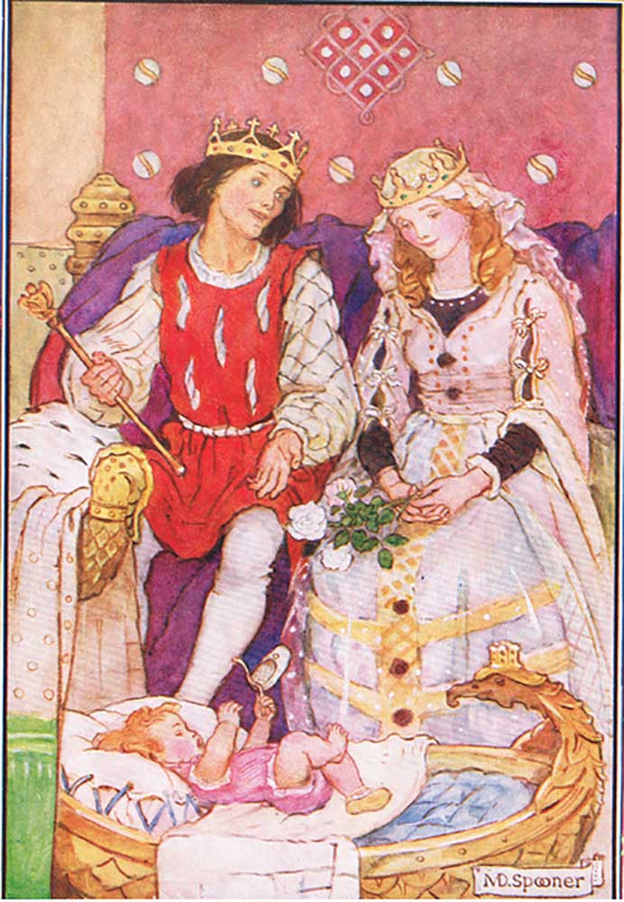 Their baby was in a golden cradle at their feet (from the story The Magic Candles), illustration fro od Minnie Didbin Spooner