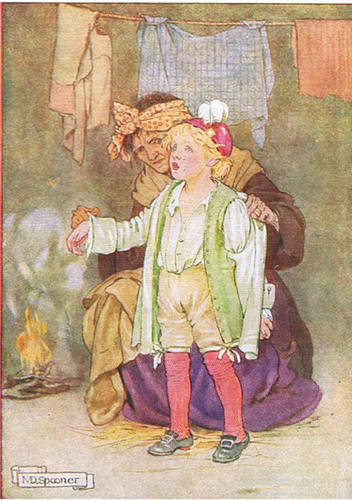 They stripped him of his velvet and feathers and lace (from the story Edwy and the Echo), illustrati od Minnie Didbin Spooner