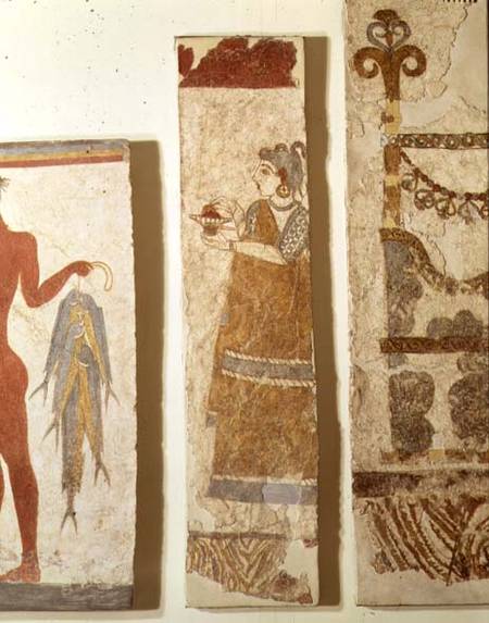 Three wall painting fragments: the 'Fisherman', the 'Priestess' and an 'Ikrion', removed from the We od Minoan
