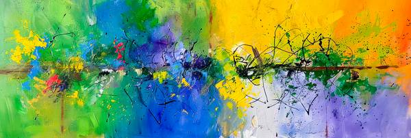 Abstrakte Malerei mit leuchtenden Farben, Grün, Blau, Gelb, Lila, Linien und Spritzern, die eine ene od Miro May