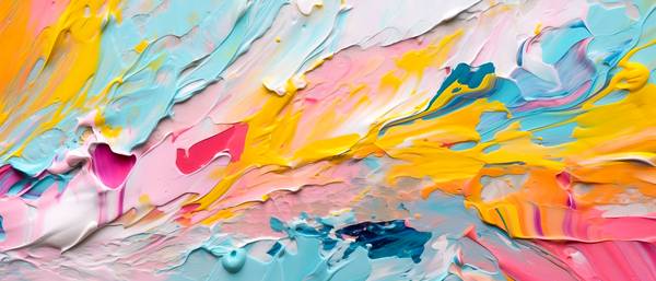 Abstraktes Gemälde mit leuchtenden Farben, abstrakte Acrylkunstwerk im Stil fließender Pinselstriche od Miro May