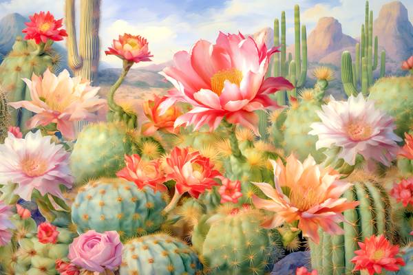 Blühende Kakteen in der Wüste. Blühende Kakteen. Landschaft mit Kakteen un Blumen od Miro May