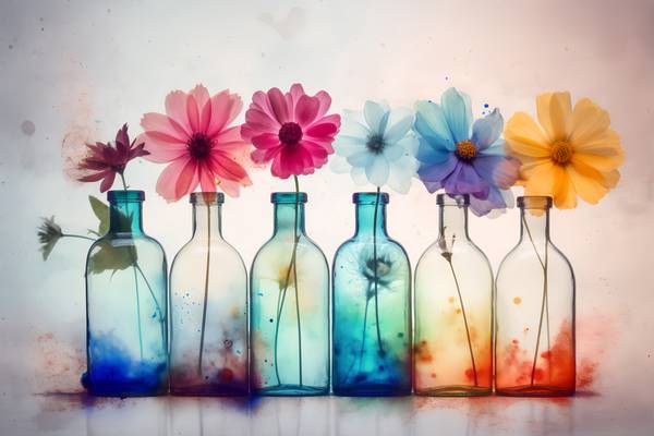 Bunte Blumen in bunten Flaschen, Gemälde, modern, Stillleben, digital od Miro May