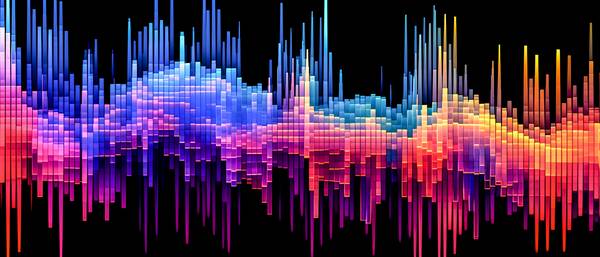das farbenfrohe, lineare Muster elektronischer Wellenformen im Stil von Voxel-Kunst, Datenvisualisie od Miro May