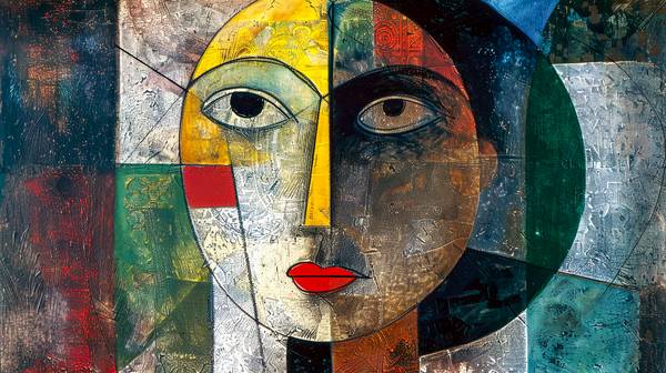 Das Gemälde präsentiert ein abstraktes Porträt einer Frau, das den Stil des Kubismus mit großen Auge od Miro May
