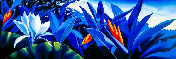 Ein leuchtend blauer Dschungel mit exotischen Pflanzen und tropischer Blume in weiß . Der Hintergrun od Miro May