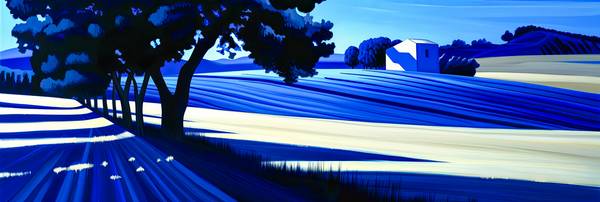 Eine abstrakte Darstellung in kühnen Blau- und Weißtönen. In dieser Landschaftskomposition verschmel od Miro May