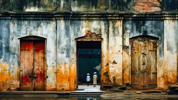 Menschen in der Altstadt von Hanoi. Alte Wände in Vietnam. od Miro May