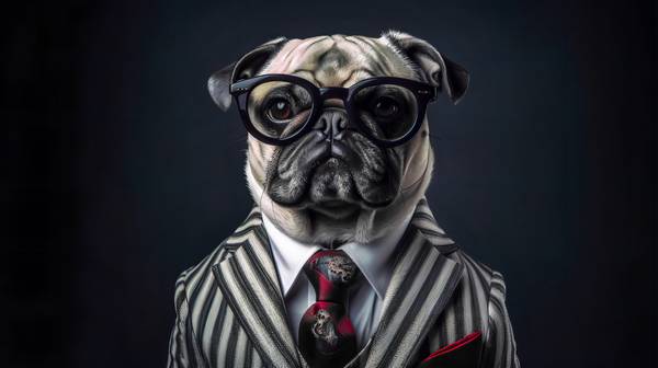 Mops mit Anzug, Krawatte und Sonnenbrille auf dunklem Hintergrund. Haustiere, Hund, Portrait, Hundep od Miro May