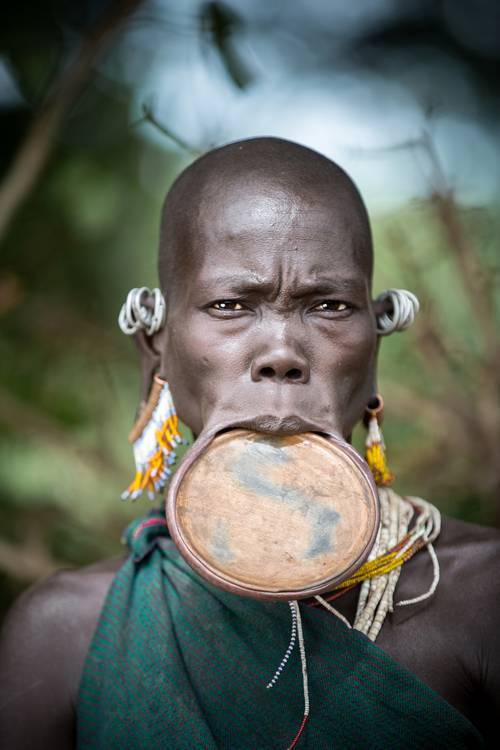 Porträt alte Frau aus dem Suri / Surma Stamm mit Lippenteller in Omo Valley, Äthiopien, Afrika od Miro May