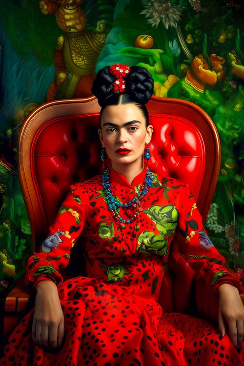  Porträt von Frida Kahloin einem roten Kleid mit grünen Akzenten. od Miro May