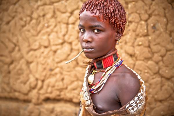 Portrait junge verheiratete Frau aus dem Hamer Stamm in Omo Valley, Äthiopien, Afrika od Miro May