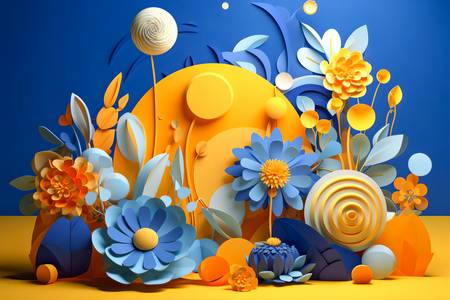 3D abstrakte Blumen in Blau und gelb, Blumenornament, floral, Natur