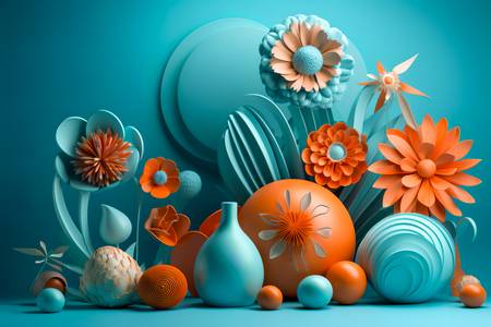 3D abstrakte Blumen in Blau und orange, Blumenornament, floral, Natur