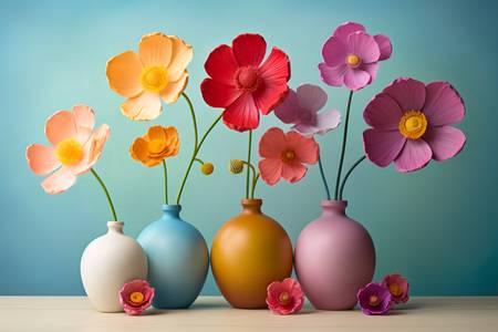 3D Blumen in Blumenvasen, Stillleben, Bunt, Modern, minimalistisch