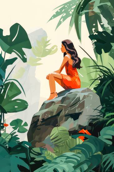 Auf einem malerischen Felsen mitten im Regenwald thront eine Frau, gehüllt in ein lebendiges rotes K
