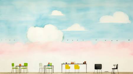 Bunte Aquarelle mit Cafe, Stuhl, Tisch und Wolken. Minimalistisch, Digital AI