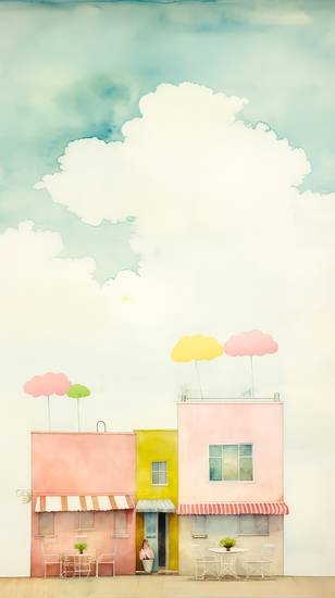 Bunte Aquarelle mit einem Cafe Haus mit Dachterrasse und Sonnenschirmen. Minimalistisch, Digital