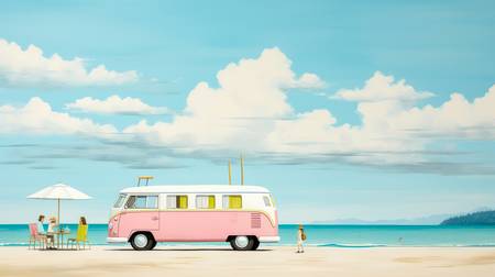 Bunte Aquarelle mit einem VW Bus am Strand. Familienurlaub, Camping. Digital AI