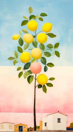 Bunte Aquarelle mit einem Zitronenbaum und Häusern. Zitronen Farm Minimalistisch