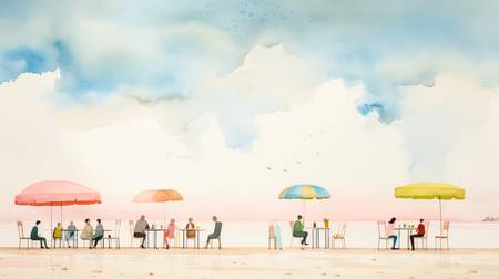Bunte Aquarelle mit Menschen unter Sonnenschirmen in einem Restaurant am Strand.