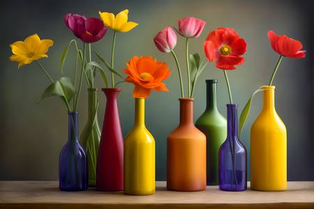 Bunte Blumen in bunten Flaschen, Gemälde, AI, modern, Stillleben, digital