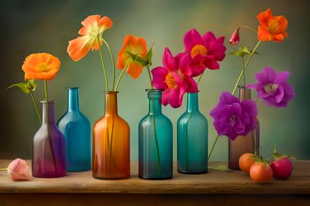 Bunte Blumen in bunten Flaschen, Gemälde, AI, modern, Stillleben, digital III