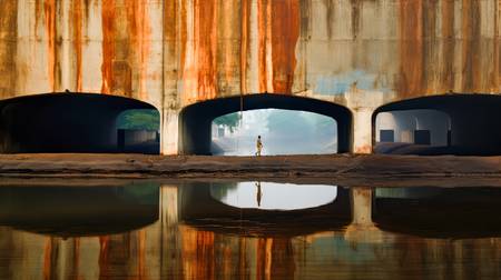 Ein Mann unter der Brücke. Fluss in Indien