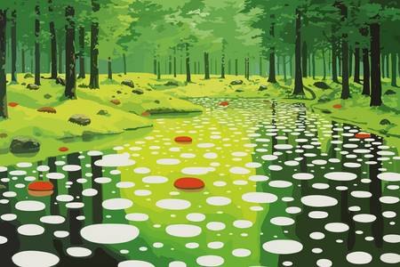 Fluss im Wald. Abstrakte Kreise und Formen, Wasserspiegeln. Traumhafter Wald