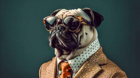 Mops mit Anzug, Krawatte und Sonnenbrille. Haustiere, Hund, Portrait, Hundeportrait