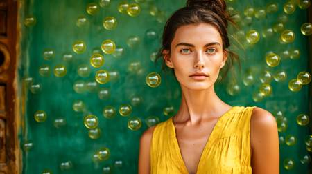 Portrait einer Frau in gelben Kleid und geben Seifenblasen auf grünen Hintergrund.