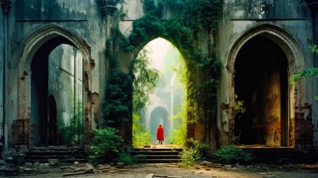 Frau in roter Kleidung hinter alten Arkaden. Architektur 
