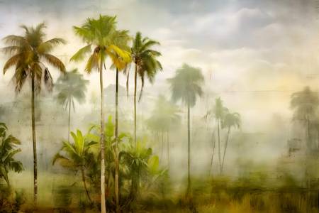 Tropische Landschaft, Palmen im Nebel. Traumhafte Natur. Used Look. Regenwald am morgen. 