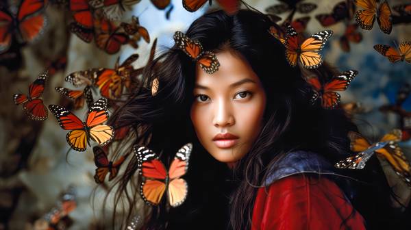 Tibetanisches Mädchen und Schmetterlinge. Menschen und Träume.   od Miro May